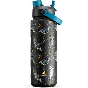 POWCAN 32 oz Insulated Water Bottle with 2-in-1 Straw and Spout Lid, Keep Cold 24H, Leak-Proof, BPA-Free, Double Wall Stainless Steel Water Bottle for Sports, Gym, Travel and School (Gilded Flutter)