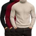 3 Pack Men's Ribbed Turtleneck Shirts, Long Sleeve Mock Neck Lightweight Pullover Sweaters Knit Base Layer Tee Tops XL, Black, Wine Red, Light Apricot