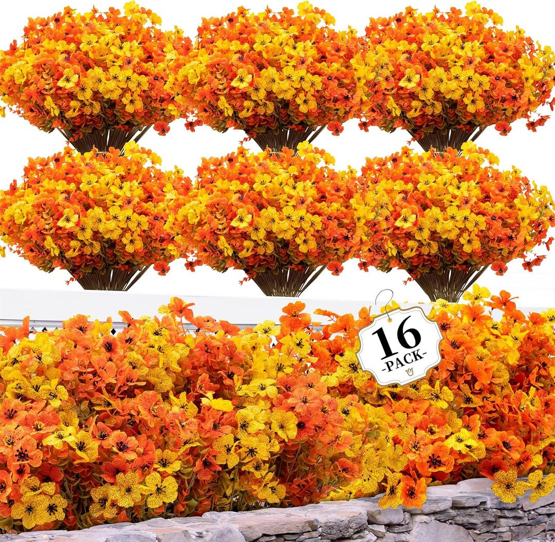 16 Bundles Artificial Mums for Outdoors/Indoors Faux Mums for Outdoor Planters, Eucalyptus Leaves Fall Flowers Artificial for Decoration Boxwood Garden Porch Window Home Wedding (Yellow&red Green)