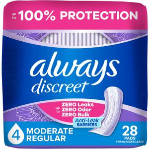 Always Discreet Adult Incontinence Pads for Women, Moderate Absorbency, Regular Length, Postpartum Pads, Up to 100% Bladder Leak Protection, 28 Count