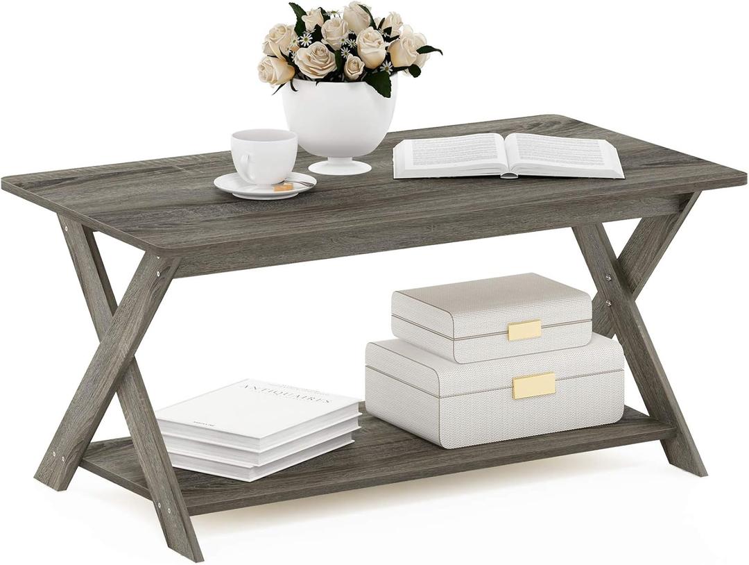 Furinno Modern Simplistic Criss-Crossed Coffee Table, 35.4 in x 19.6 in x 16 in, French Oak Grey, 35.4 inches, X-Shaped Legs