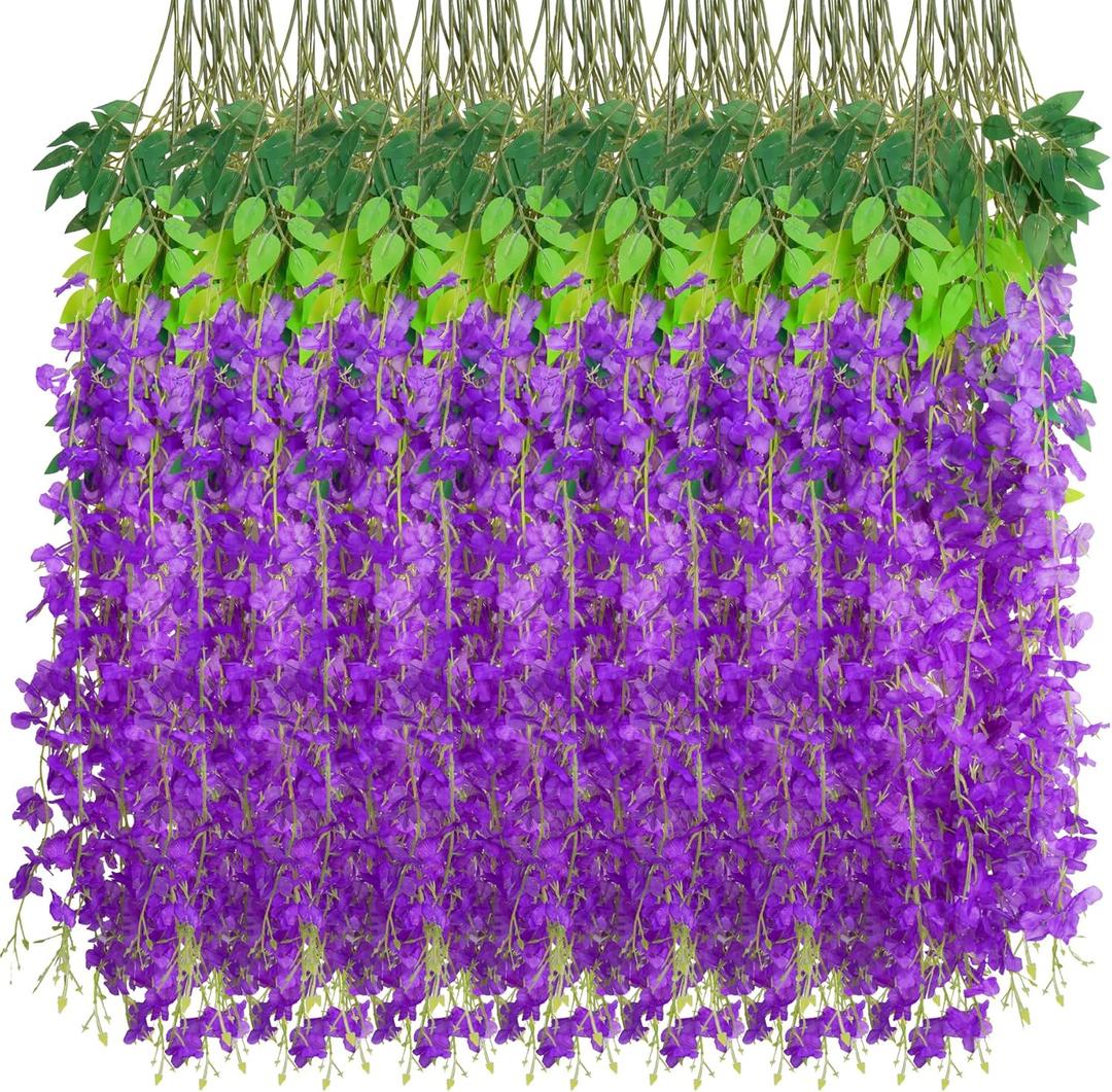 NiHome 48PCS Artificial Wisteria Hanging Flowers, 3.6ft Long Flexible Stems, Easy to Hang for Wedding, Party, Home, Office Decor, Indoor Outdoor Backdrops, Centerpieces, DIY Arrangements (Purple)