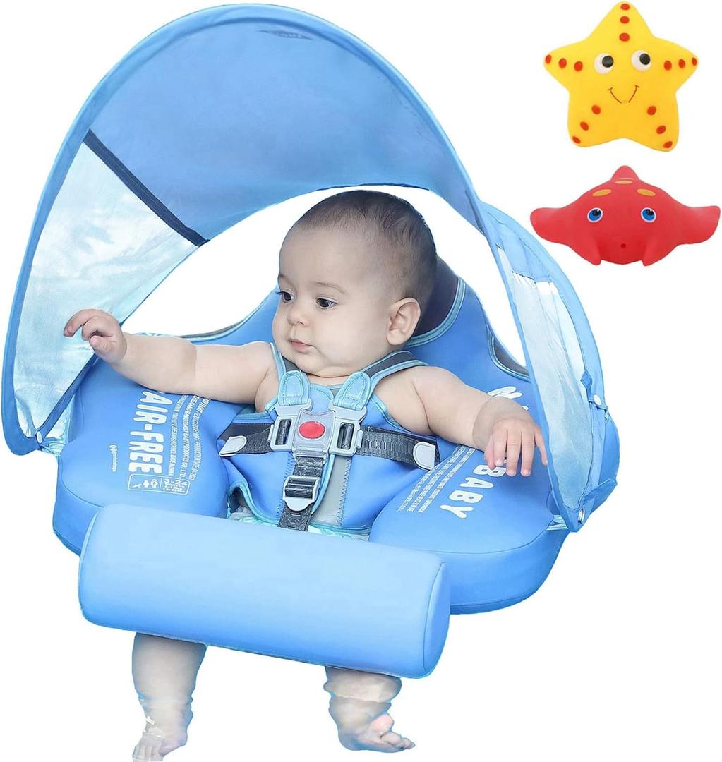 Mambobaby Float with Canopy Size Improved Non Inflatable Infant Baby Pool Float Smart Mambo Float Swim Trainer Add Tail Baby Swim Float Mambo Baby Float Solid Air Free Water Waist Swimming Ring (Sealion Blue)