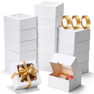 COTOPHER Auto Pop Up Cookie Boxes with Window 6x6x3 Inches 50 Pack | White Bakery Boxes with Gold Ribbon for Birthday Party Favors, Wedding, Christmas Gift Packaging for Cookies, Candy, Macarons