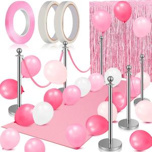 Beeveer 76 Pcs Carpet Runner for Party Set 1 Floor Runner 2 Double Sided Tape 6 Stanchion Post 4 Velvet Carpet Ropes 2 Foil Fringe Backdrop Curtains 60 Balloon 1 Ribbon for Valentine Party(Pink)