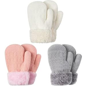 Winter Mittens Gloves Beanie Hat Set for Kids Baby Toddler Children, Thick Warm Knit Fleece Lined Thermal Set for Boys Girls, Color: Light Gray&pink&white