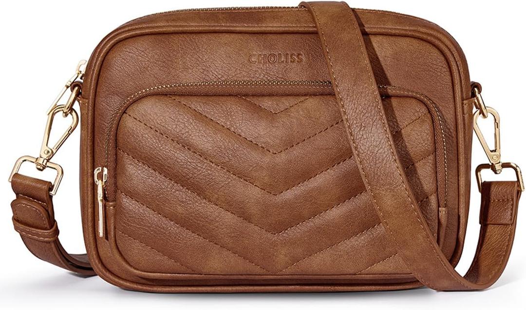CHOLISS Quilted Crossbody Bags for Women RFID Vegan Leather Travel Purse Small Shoulder Handbags with Built in Wallet (Brown)