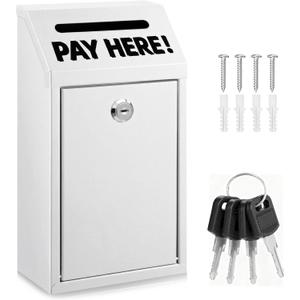 Cash Money Box with Slot – 10.2In Metal Donation Box with Lock for Cash Deposit,Wall Mounted Money Drop with Lock and Slot for Home/Farm/Office/Outdoors (White)