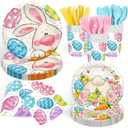 168PCS Easter Party Supplies Easter Egg Party Decorations Cartoon Bunny Paper Plates and Napkins Cups for Spring Themed Easter Birthday Party Serves 24