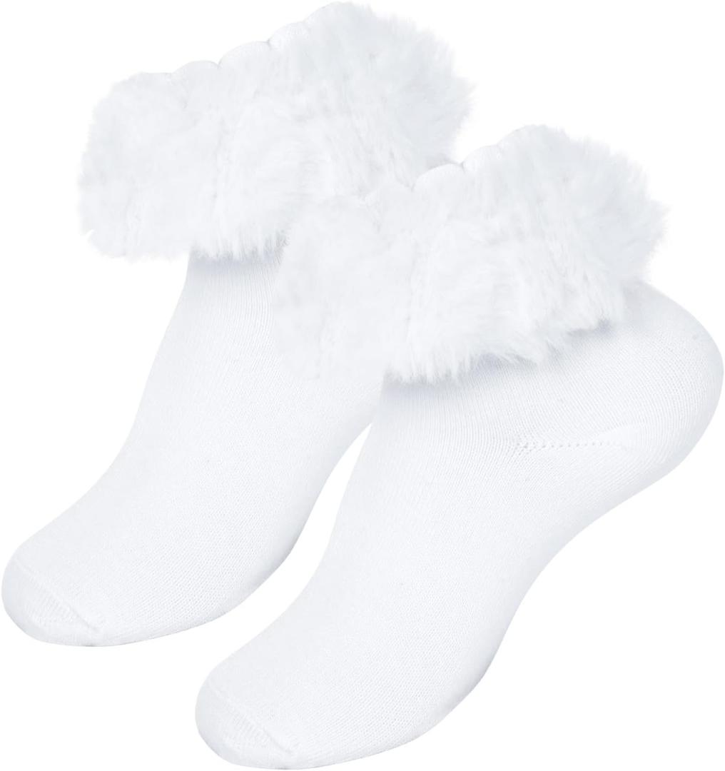2 x Girls Ruffle Socks Toddler Frilly Lace Dress Socks with Soft Furry Ruffle Trim,1 Pack (3-5T, White)