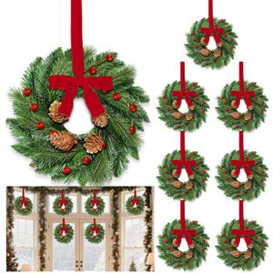 8 Pcs Mini Christmas Wreath for Cabinets Kitchen, 12 Inch Small Christmas Wreaths with Lifelike Norfolk Pine Aspen Fir Tips Cones Red Berry Bow Xmas Door Wreath for Front Door Porch Wall Window Indoor