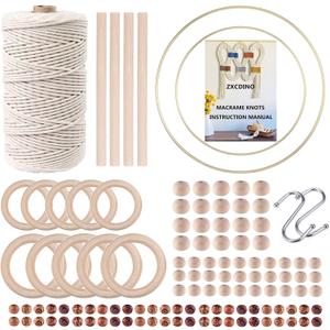 119pcs Macrame Kits for Starter 3mm x 109Yards Natural Cotton Macrame Cord with 100pcs Wooden Beads,10pcs Wooden Rings,Wooden Sticks,Metal Rings,S Hooks Macrame Supplies for Plant Hangers