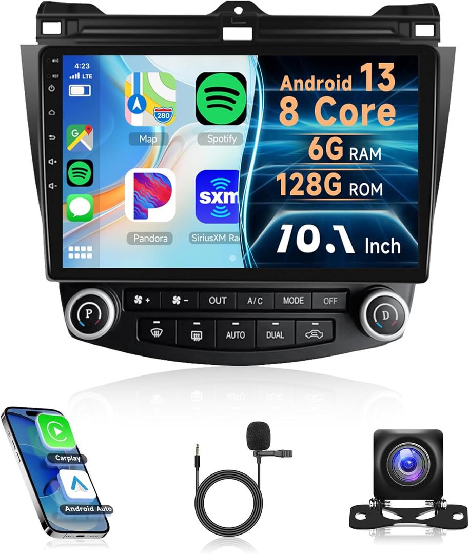 8Core 6G+128G Car Radio for Honda Accord 2003-2007, Rimoody Android 13 Car Stereo with Carplay Android Auto 10.1'' Touchscreen GPS WiFi Mirror Link DSP Bluetooth FM/RDS SWC Backup Camera Microphone