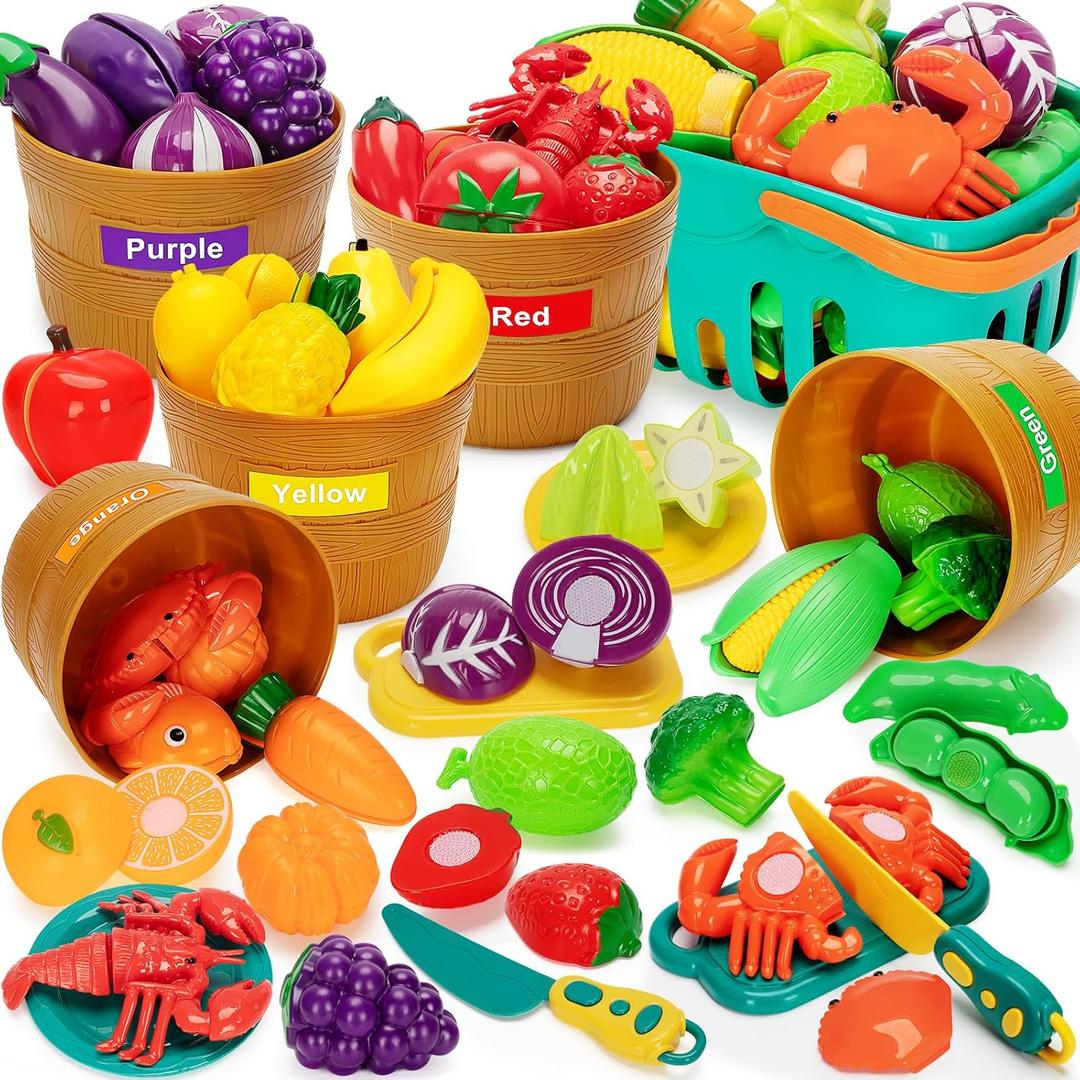 Play Food Set for Kids Kitchen- 68 Pcs Kitchen Food Toy for Toddlers, Cutting & Color Sorting Fake Food/ Fruit/ Vegetable Accessories, Birthday Gifts for 3 4 5 Years Old Boys Girls