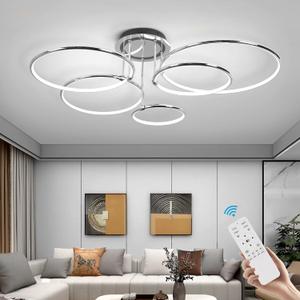 CANEOE Modern Ceiling Light Fixture,Chrome Dimmable Led Ceiling Light with Remote Control for Living Room,5 Rings Flush Mount Ceiling Lamp for Living Room Bedroom Kitchen Lighting Fixtures Ceiling