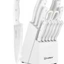 15-Piece White Kitchen Knife Set with Built-in Sharpening Stone, Ergonomic Triple Rivet Fixed Handles, Dishwasher Safe