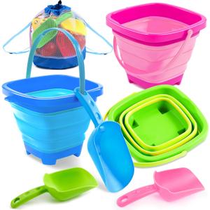 Sloosh 3 PCS Foldable Buckets with 3 Shovels, Square Sand Water Bucket Sandbox Party in Summer Collapsible Silicone Pail Bucket Toddler Kids Beach Camping Travelling Portable Toys (Blue/Pink/Green)