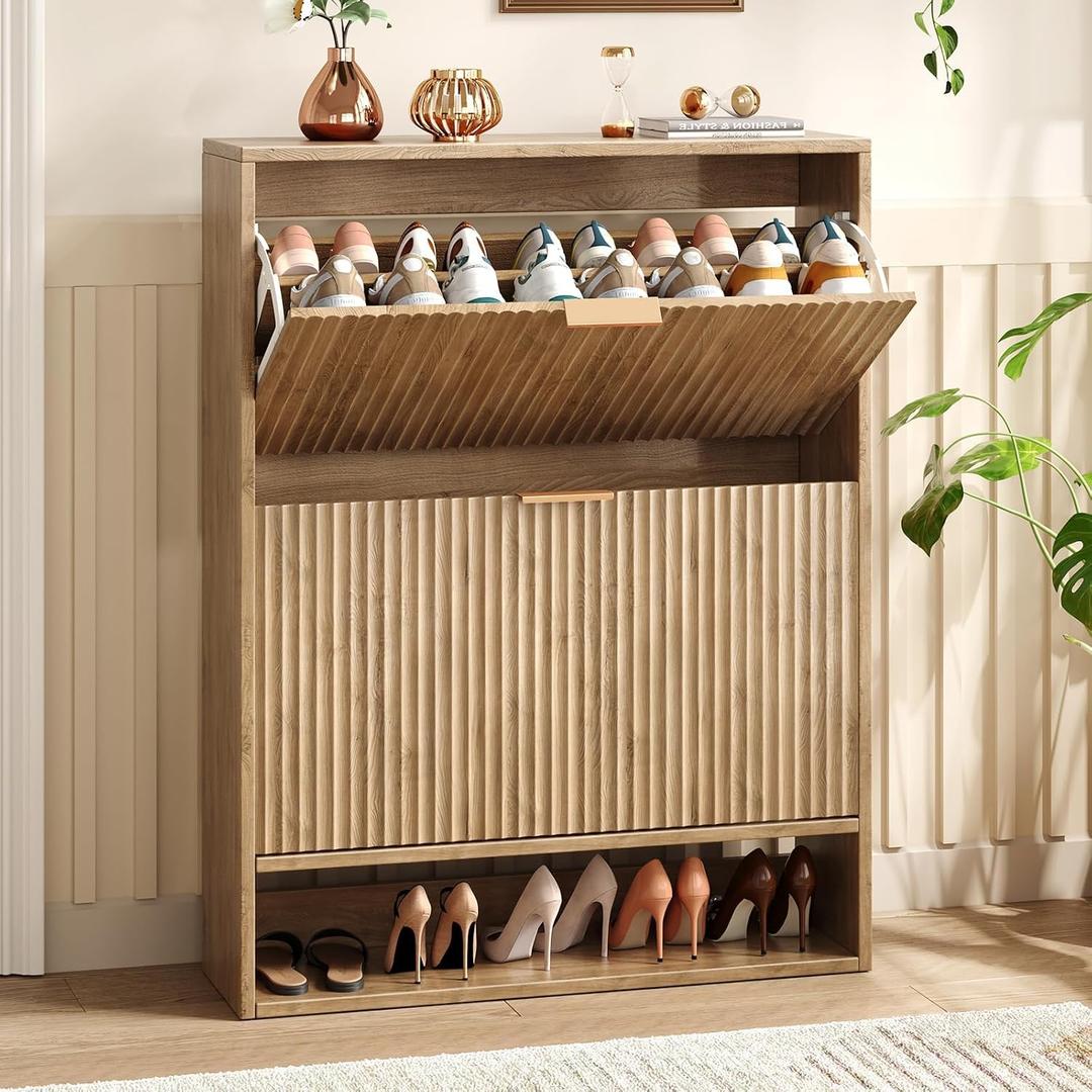 Hootata 31.5''W Oak Shoe Storage Cabinet for Entryway with 2 Flip Drawers, Narrow Wood Fluted Shoe Rack Cabinet,Freestanding Slim Shoe Organizer Cabinet for Foyer, Hallway