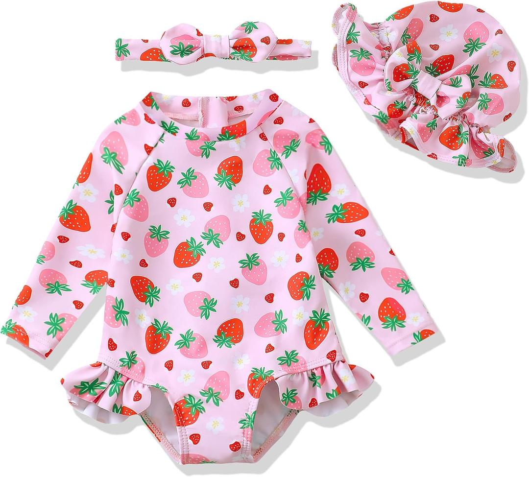 Baby Girl Swimsuit Long Sleeve One-Piece Swimwear with Hat Rash Guard Ruffle Floral Zipper Beach Infant Bathing Suit (Pink), Size 3-6M