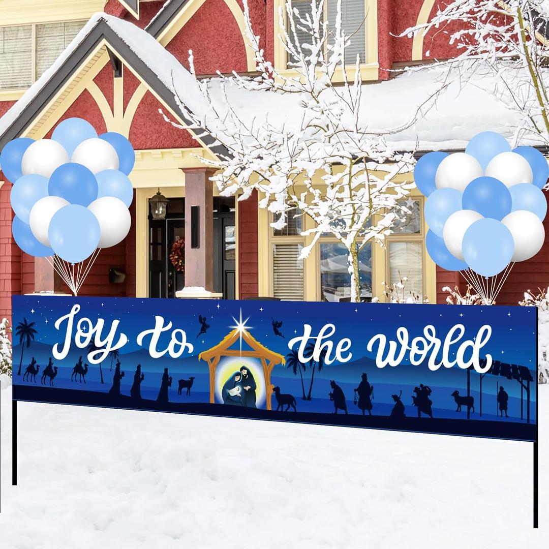 2 x Whaline Christmas Banner Decoration Set Joy To The World Xmas Banner Kit with 30Pcs Balloons Nativity Fence Banner with String Ribbon for Winter Holiday Party Home Decor Supplies, 33Pcs
