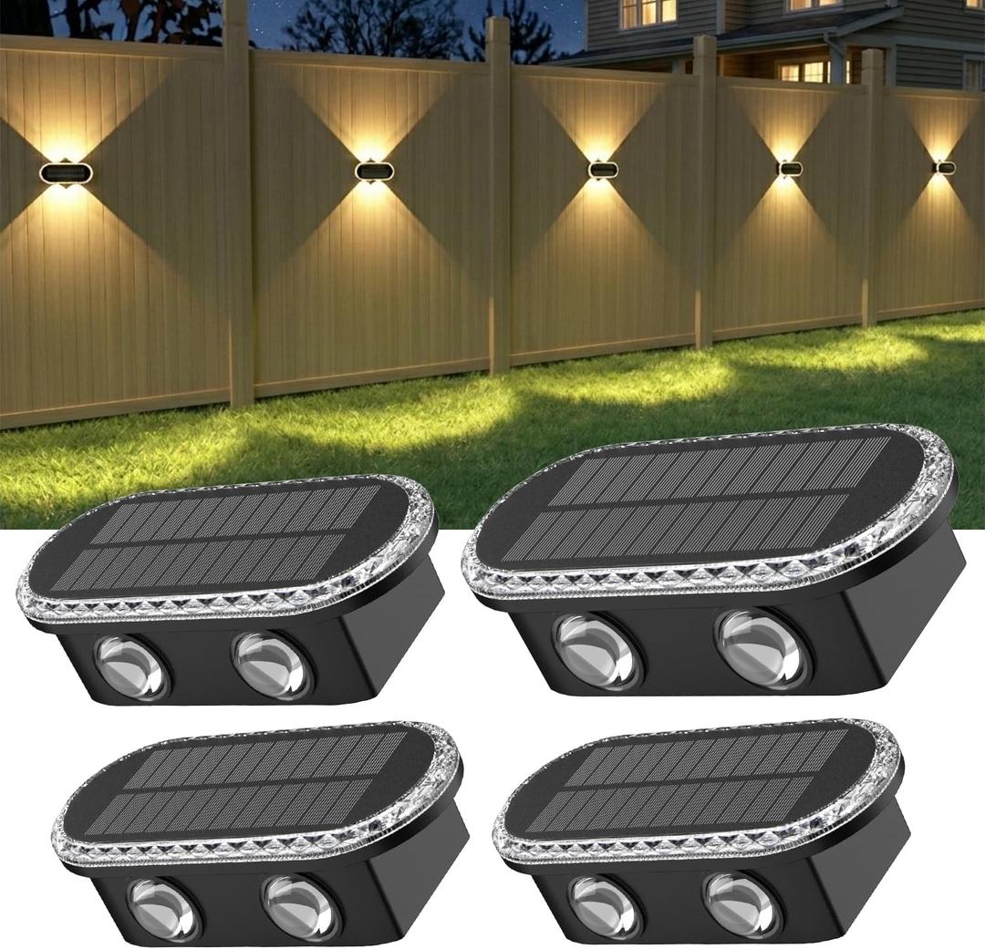 Ellasay Fence Lights Solar Powered: Outdoor LED Wall Lighting Dual Beam and 3 Color Modes IP65 Waterproof 12H Long Lasting Easy Mount for Garden Patio Backyard 4 Pack