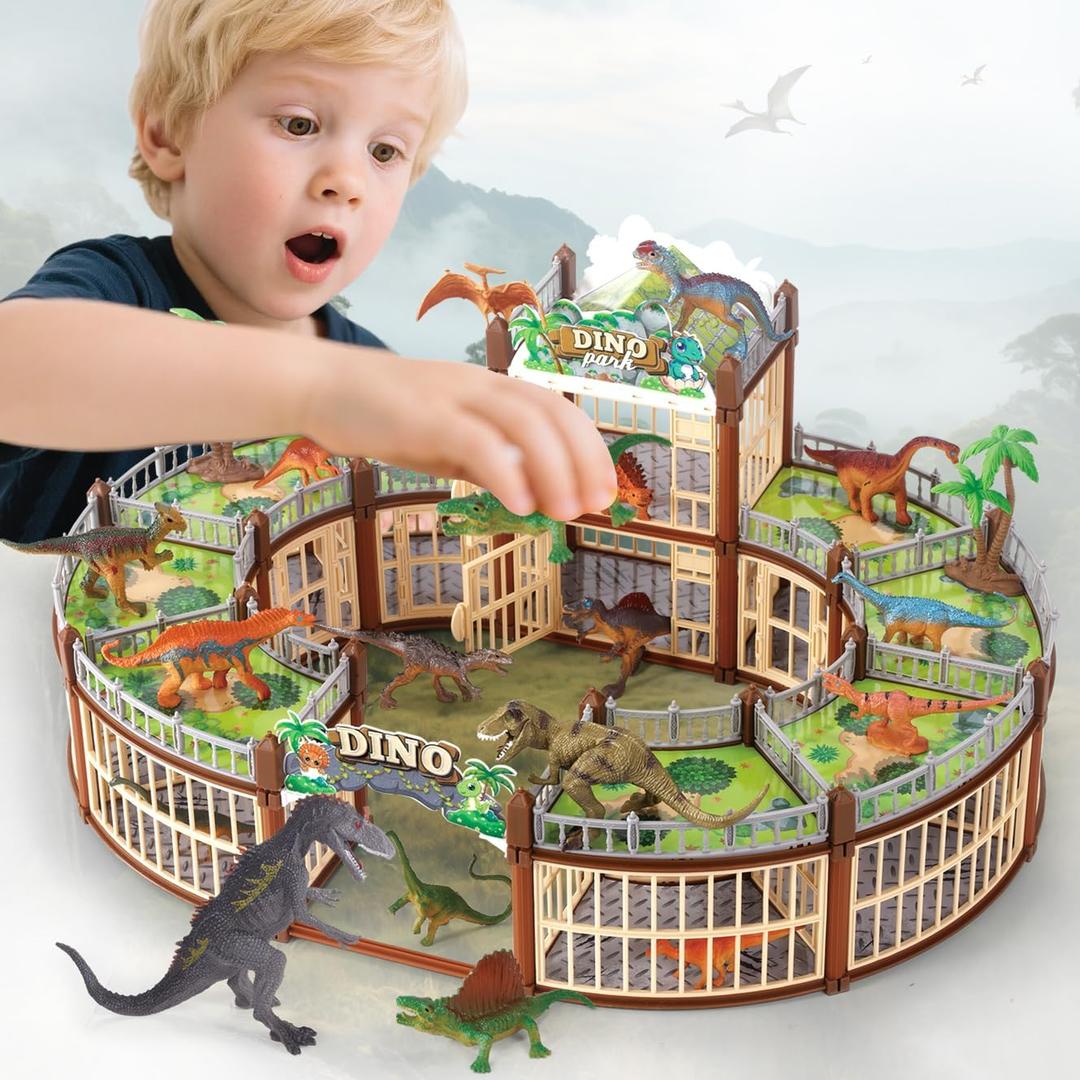 Dinosaur Playground Toy Set 215PCS 18 Realistic Dinosaurs, Build Your Own Dinosaur Park, Interactive Play with Openable Cage & Battle Station, for Boys & Girls, Enhance Kids Creativity