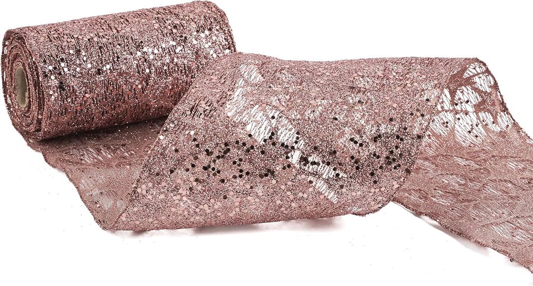 MEEDEE 6 Inch Wide Wired Ribbon Rose Gold Glitter Mesh Web Wired Edge Ribbon by 10 Yards Roll Rose Gold Wired Ribbons for Christmas Tree, Garland, Holiday Wreaths, Bows, Centerpiece, Gift Wrapping