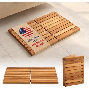 Premium 24"x16" Foldable Solid Teak Shower Mat, Non-Slip Bath Mat, 24" x 15.7"
