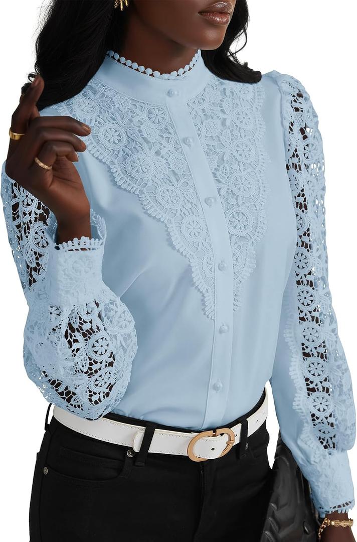 Rooscier Women's Lace Elegant Dressy Blouse Mock Neck Long Sleeve Button Down Work Business Crochet Shirt Top (Brown)