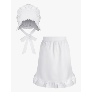Newcotte 2 Pieces Women Colonial Costume Accessory Set Include White Mob Cap Bonnet Cotton Half Apron for Maid Girl Cosplay White