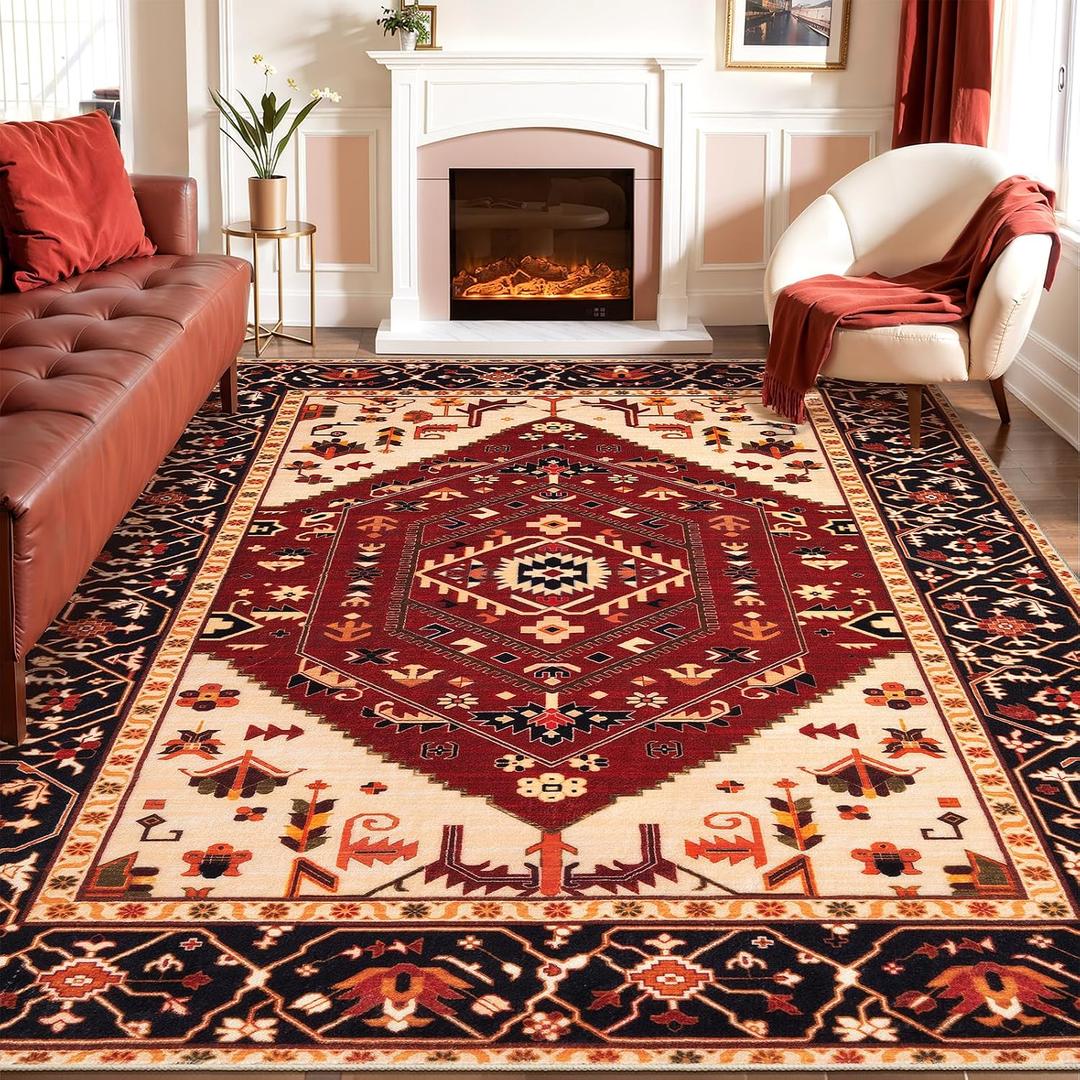 SERISSA Washable Rugs 8x10 Area Rugs, Large Non-Slip Boho Living Room Rug, Ultra Soft Oriental Vintage Red Black Print Distressed Carpet for Dining Room Bedroom Dorm Office Home Decor