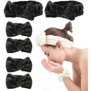 6PC Spa Headband and Wristband Set for Face Washing & Skincare - Soft Microfiber Makeup Headband with Wrist Bands for Women & Girls, Pink + White, Skincare Essentials(Black)
