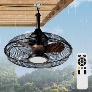 20 Inch High CFM Outdoor Ceiling Fans with Lights Remote Control Pull Chain for Gazebo, Waterproof Patios Fan with 3 Hooks -Plug in -3CCT, Modern Portable Hanging Fan for Pergola, Brown