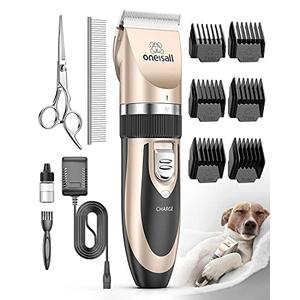 oneisall Dog Clipper Low Noise, Dog Grooming Kit with Rechargeable, Pet Shaver Cordless Electric Quiet Hair Clipper Set for Dogs Cats Pets（Gold）