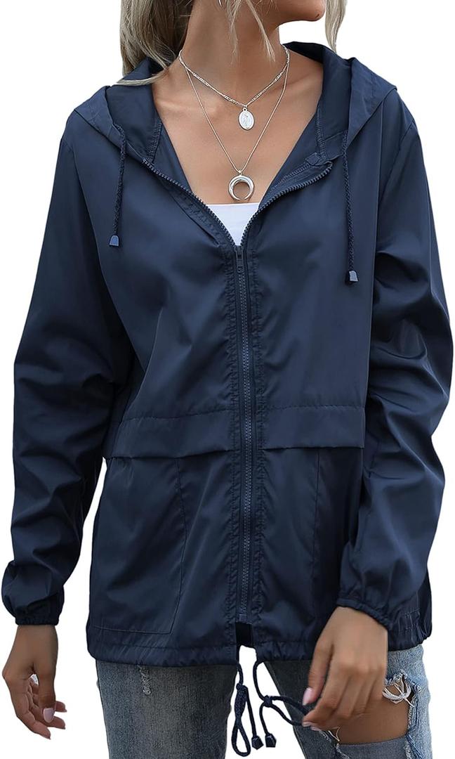 Women's Waterproof Raincoat Lightweight Rain Jacket Hooded Windbreaker with Pockets for Outdoor (Blue, L)