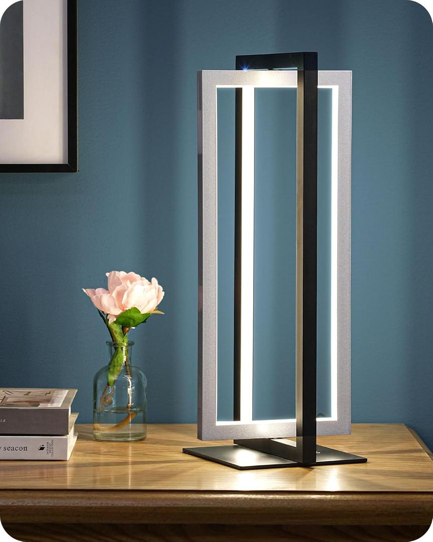 EDISHINE Modern LED Table Lamp, 750LM Stepless Dimmable Bedside Lamp, 3 Color Temperature, Switch Control Nightstand Lamp for Living Room Bedroom, Dual-Frame Rectangle, Angle Adjustable (Silver)