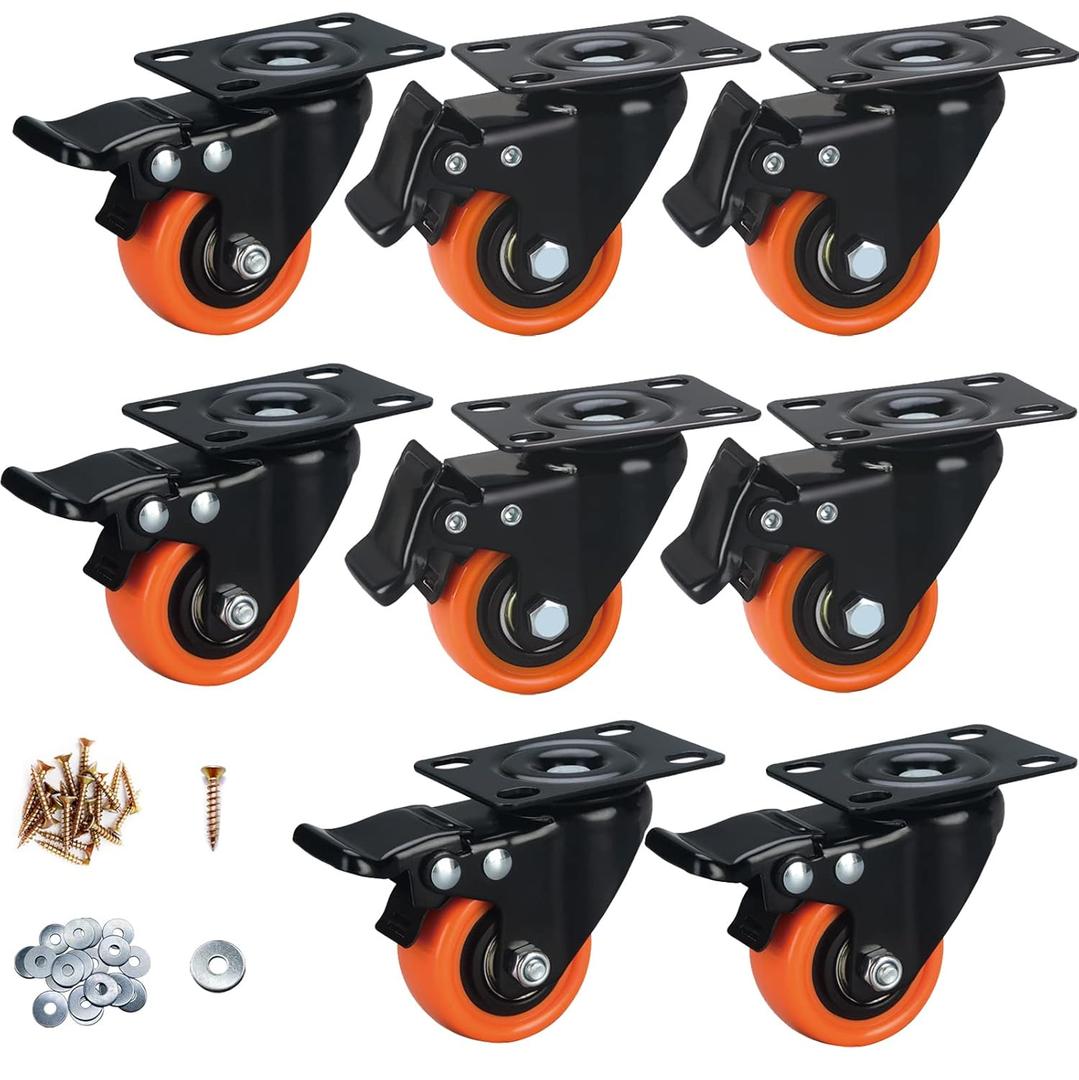 2" Caster Wheels, Casters Set of 8 Heavy Duty - ASRINIEY Orange PU Castors, Top Plate Swivel Wheels, 8-Pack Industrial Casters with Brake, Locking Casters for Furniture and Workbench