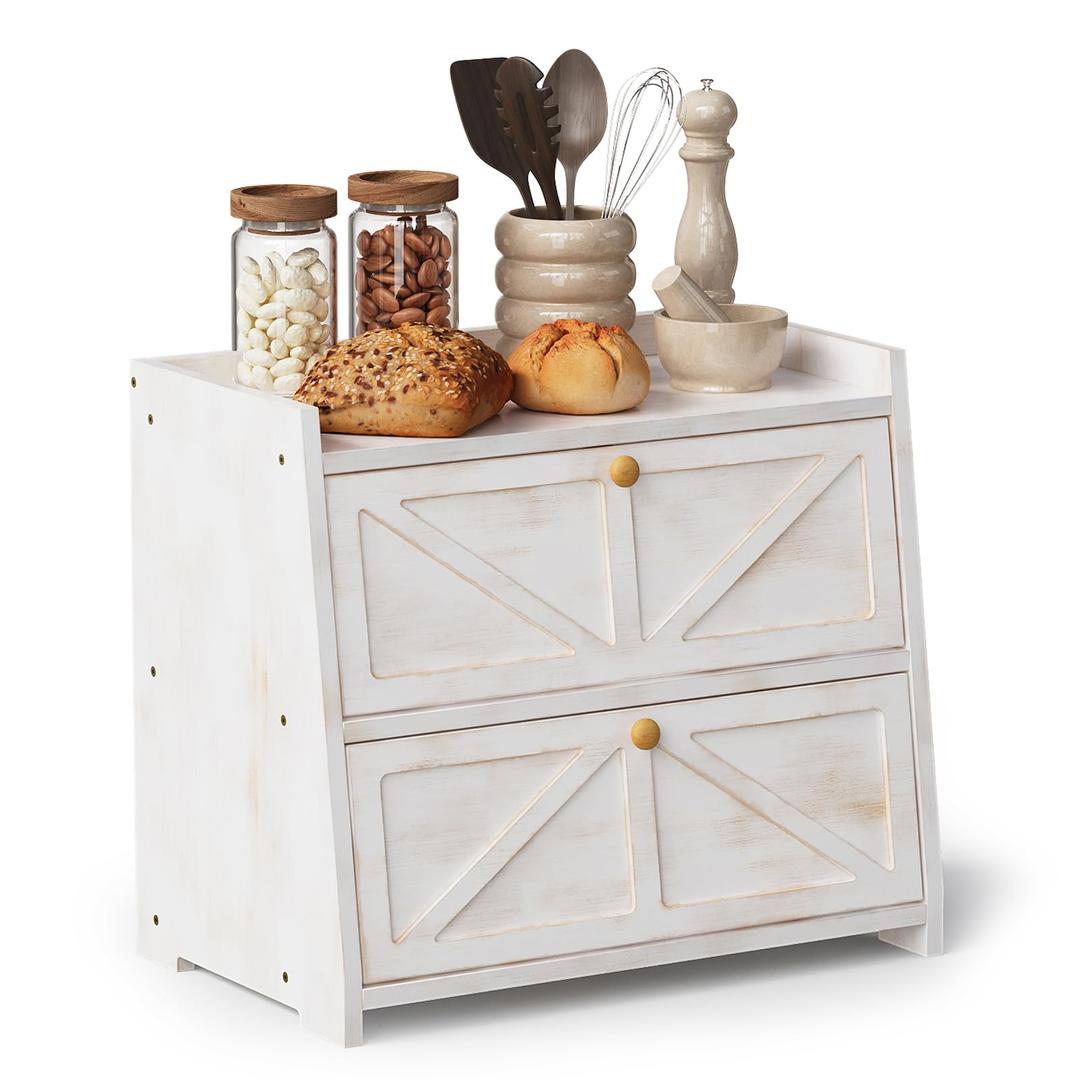 Trironsun Vintage Double Layer Bread Box for Kitchen Counter Bamboo Bread Storage Container Large Capacity Bread Storage Bin (Antique White)