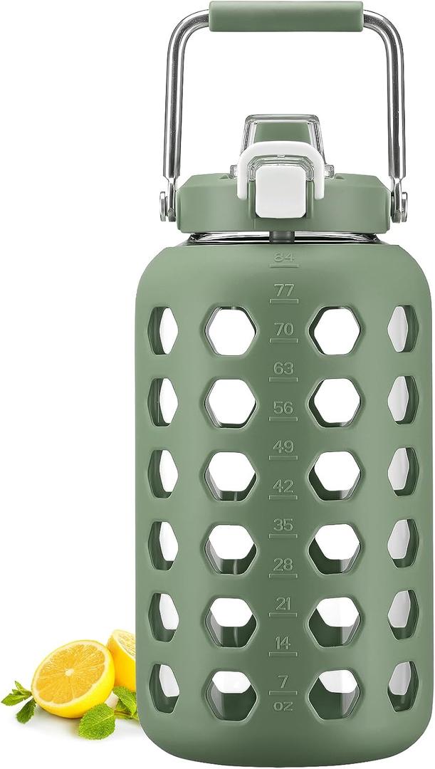 MUKOKO 84 oz Glass Water Bottles,2.5 Liter Gallon Drinking Bottle with Handle,Large Glass Water Jug with Silicone Sleeve for Gym Sports,Time Marker,Wide Mouth,Olive