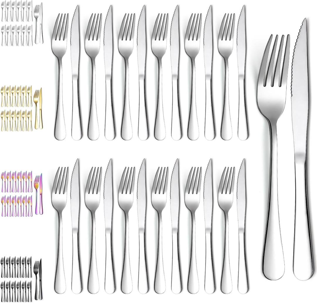 Evanda Steak Knives Set 24 Piece, Stainless Steel 12 Dinner Forks and 12 Dinner Knives Set, Steak Knives Steak Forks, Dishwasher Safe