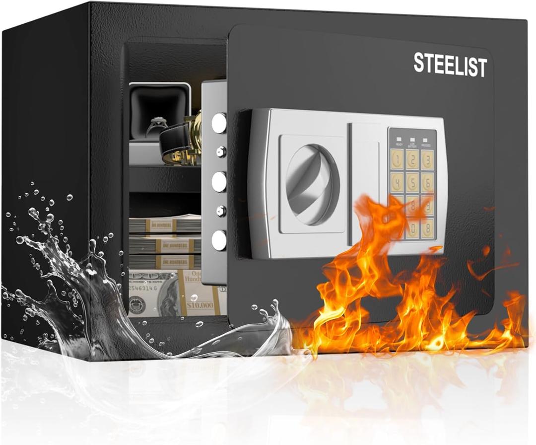 Safety Box, 1.0 Cu Ft Stack on Safe, Cash Safe with Key and Digital Keypad, Safes for Home Use Fire and Water Proof, Security Box with Removable Shelf, Safes for Hotel, Dorm and Business