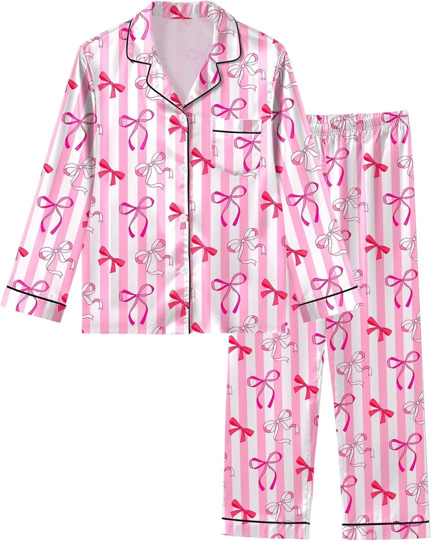 Sylfairy Girls Pajamas Silk PJS Set Satin Sleepwear Long Sleeve Jammies for Kids Button-Down Nightwear Loungewear 8Y (Pink)