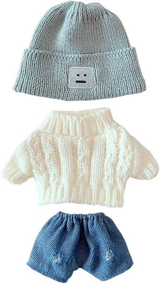 niannyyhouse Doll Clothes Suit 7.8in/20cm Plush Doll Clothes Hat + Sweater + Shorts 3-Piece Set Doll Dressup Square Face Hat Denim Shorts White Sweater (Blue)
