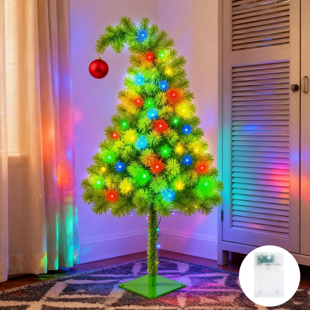 Liliful 5 ft Whimsical Christmas Tree Lime Green Artificial Bendable Xmas Tree with 70 LED Colorful Lights and Balls Flexible Branches Fake Pine Decor with Metal Base