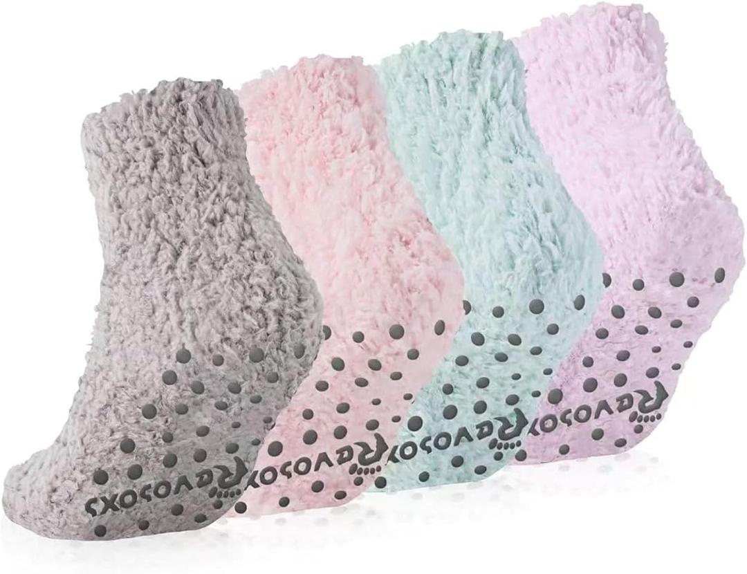 Revosoxs Fuzzy Grip Socks for Women Men, Thick Warm Slipper Cozy Fluffy Non Slip Ankle Hospital socks With Grips(Pink+Grey+Green+Purple)