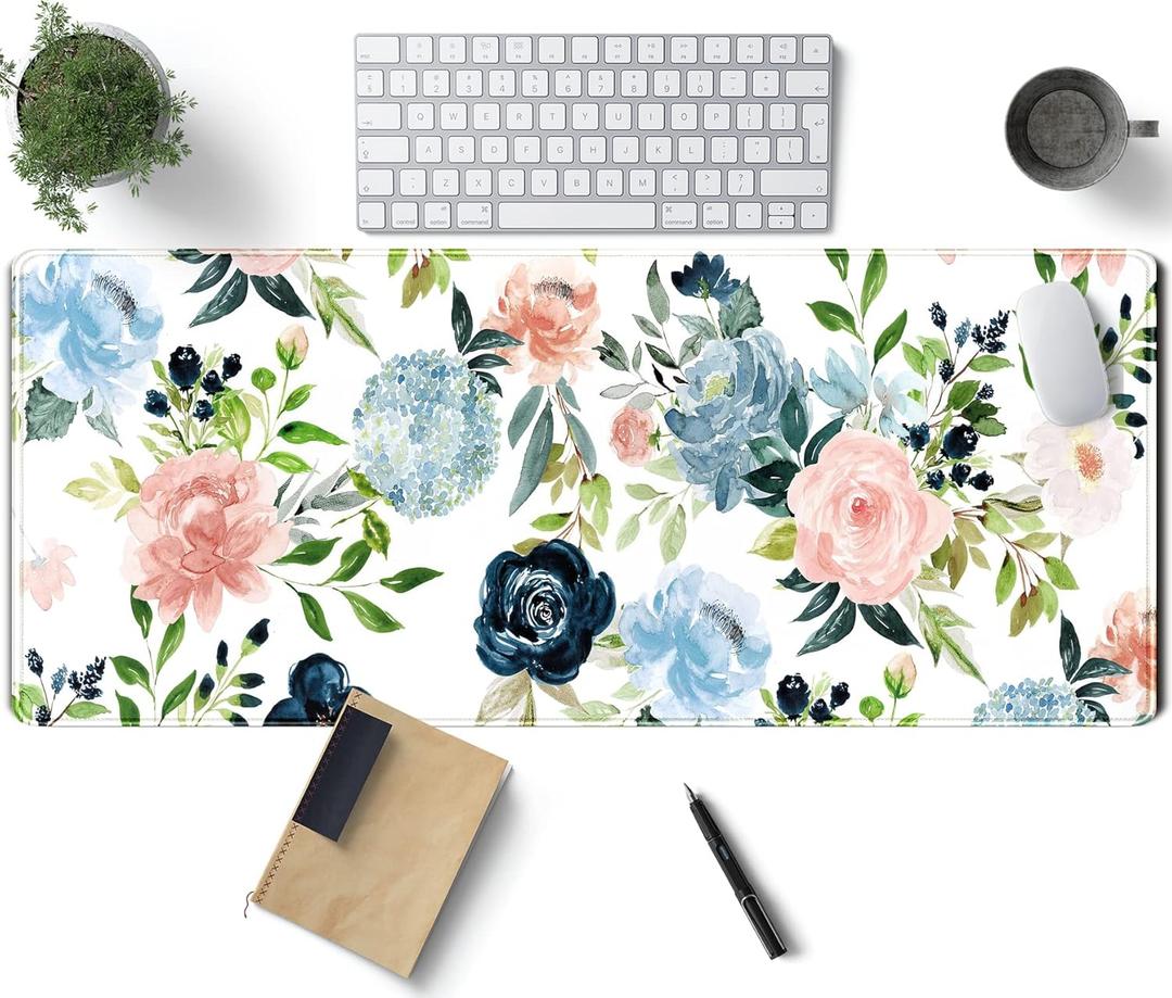 Gaming Green Desk Mat Desk Mouse Pads Purple Blue Pink Floral Mouse Pad Large, XL Big Computer Keyboard Mouse Mat Desk Pad Mat with Stitched Edge for Women Home Office Decor Deskmat 31.5x11.8 in