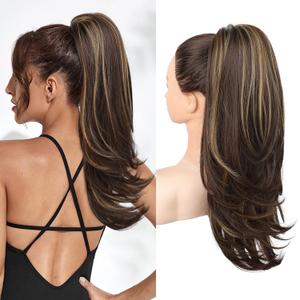 Flufymooz Ponytail Extension for Women, 20 Inch Drawstring Ponytail Hair Extension for Women, Soft Natural Looking Synthetic Pony Tails Hairpiece(Brown with Blonde Highlights)