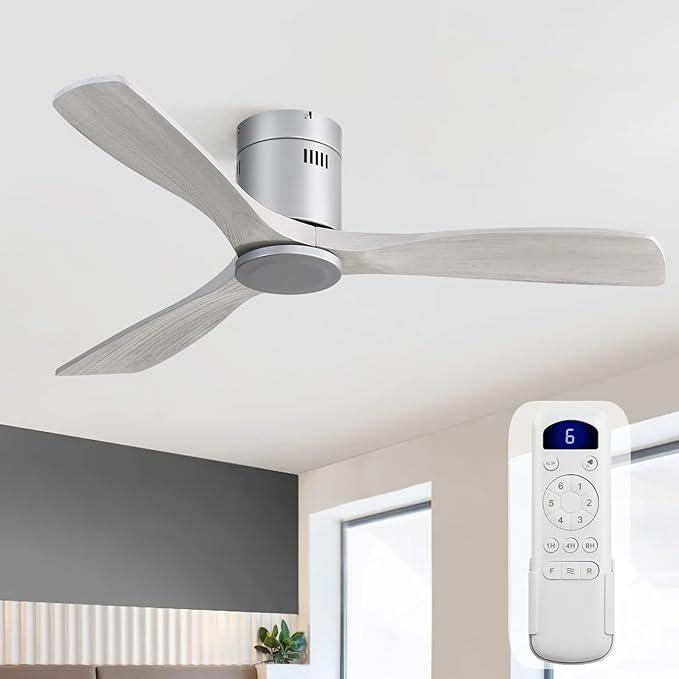 Sofucor Ceiling Fan, 52 Inch, Low Profile, DC, 3 Carved Wood Blades, Flush Mount, Noiseless, Reversible Motor, Remote Control, Without Light, Silver+Grey