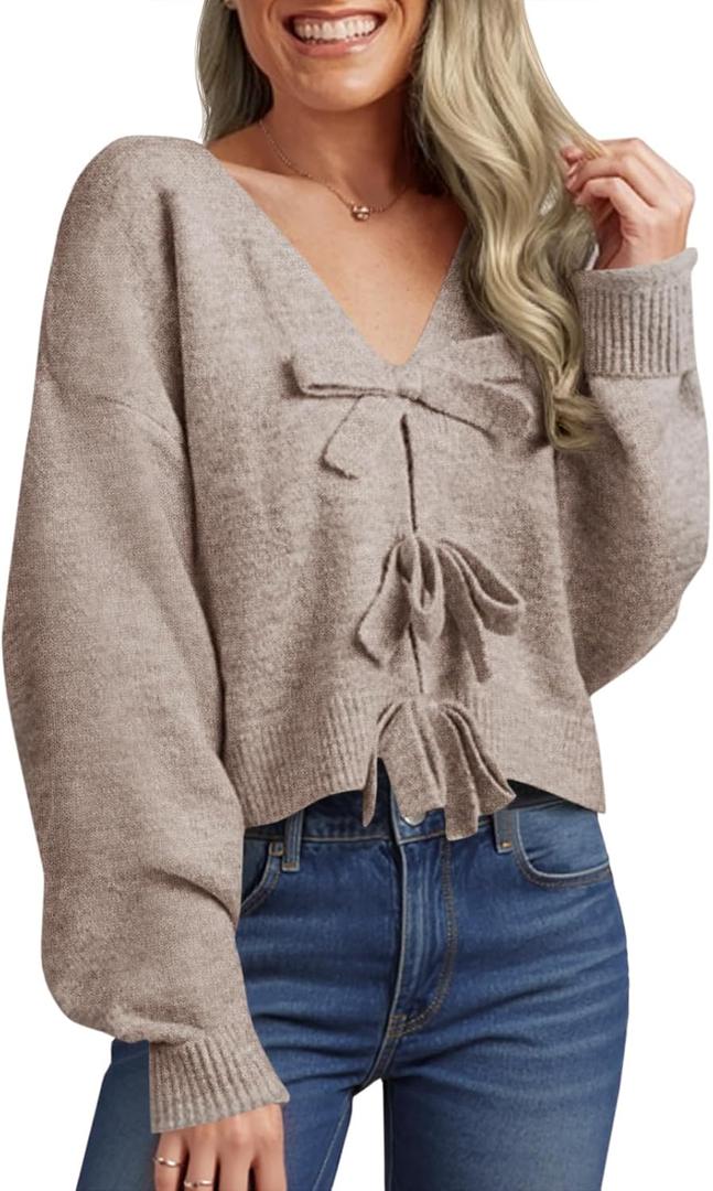 Saodimallsu Womens Bow Sweater Cropped V Neck Long Sleeve Fall Cozy Knit Loose Trendy Pullover Sweaters (S)
