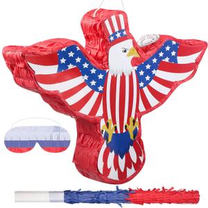 Hicarer Patriotic Piata with Red White Blue Piata Stick Blindfold and Pentagram for Adult Memorial Day 4th of July Independence Day Patriotic Party Decorations Supplies(Eagle)